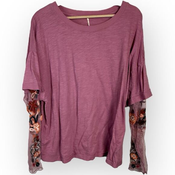 Free People Gardener Layered Look Tee Embellished Lace Sleeves - Picture 3 of 10